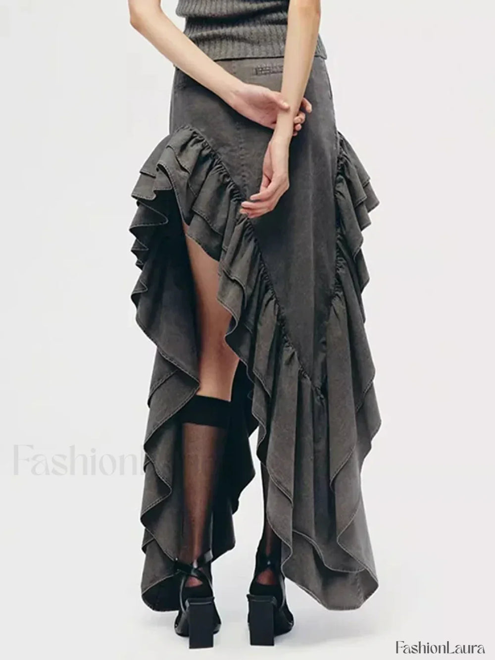 Vintage Spliced Irregular Hem Skirt GRAY / S