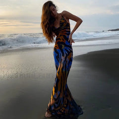 Vintage Style Striped Printed Cowl Neck Slip Maxi Dress Black S / Black Vacation Dresses