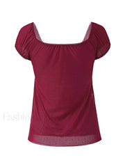 Vintage Tie Front Lace Trim Blouse Short Sleeves