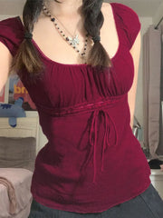 Vintage Tie Front Lace Trim Blouse Short Sleeves