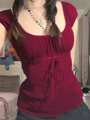 Vintage Tie Front Lace Trim Blouse Short Sleeves