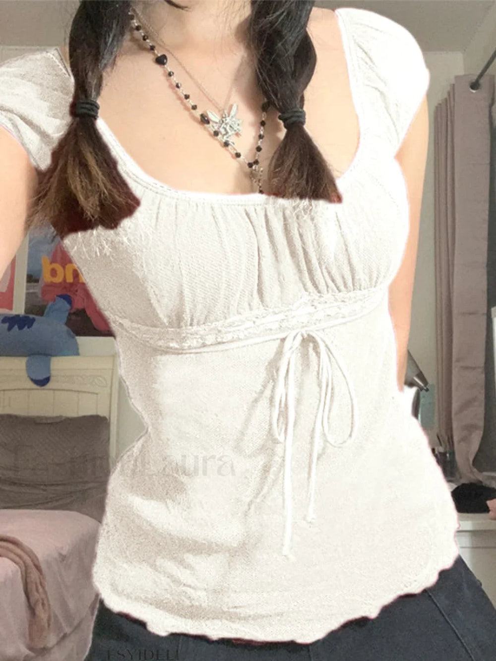 Vintage Tie Front Lace Trim Blouse Short Sleeves