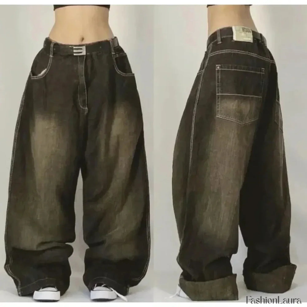 Vintage Washed Baggy Pants for Halloween Style Dark brown / M