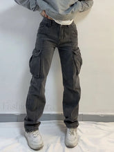 Washed Mid Waist Pocket Cargo Jeans Gray / S Cargo Jeans