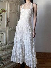 White Floral Lace Halter Maxi Dress White / S Maxi Dresses