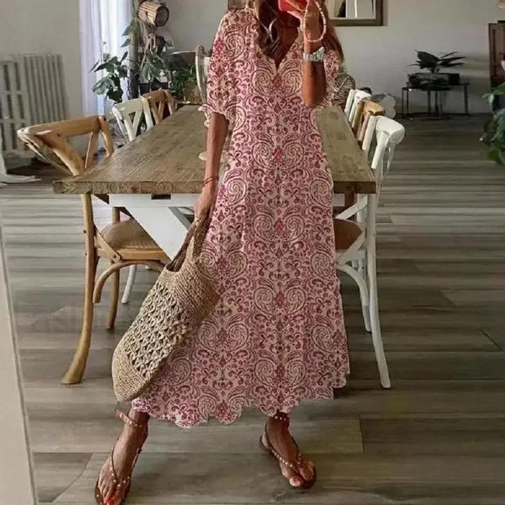 White Lace Hollow Out Boho Dress Pink / S