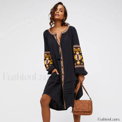 White Puff Sleeve Boho Dress Black / S