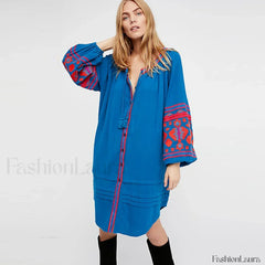 White Puff Sleeve Boho Dress Blue / S