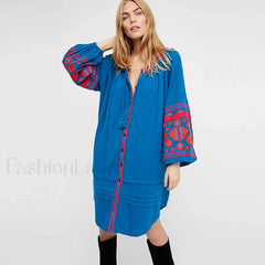 White Puff Sleeve Boho Dress Blue / S