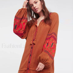 White Puff Sleeve Boho Dress Bricl red / S
