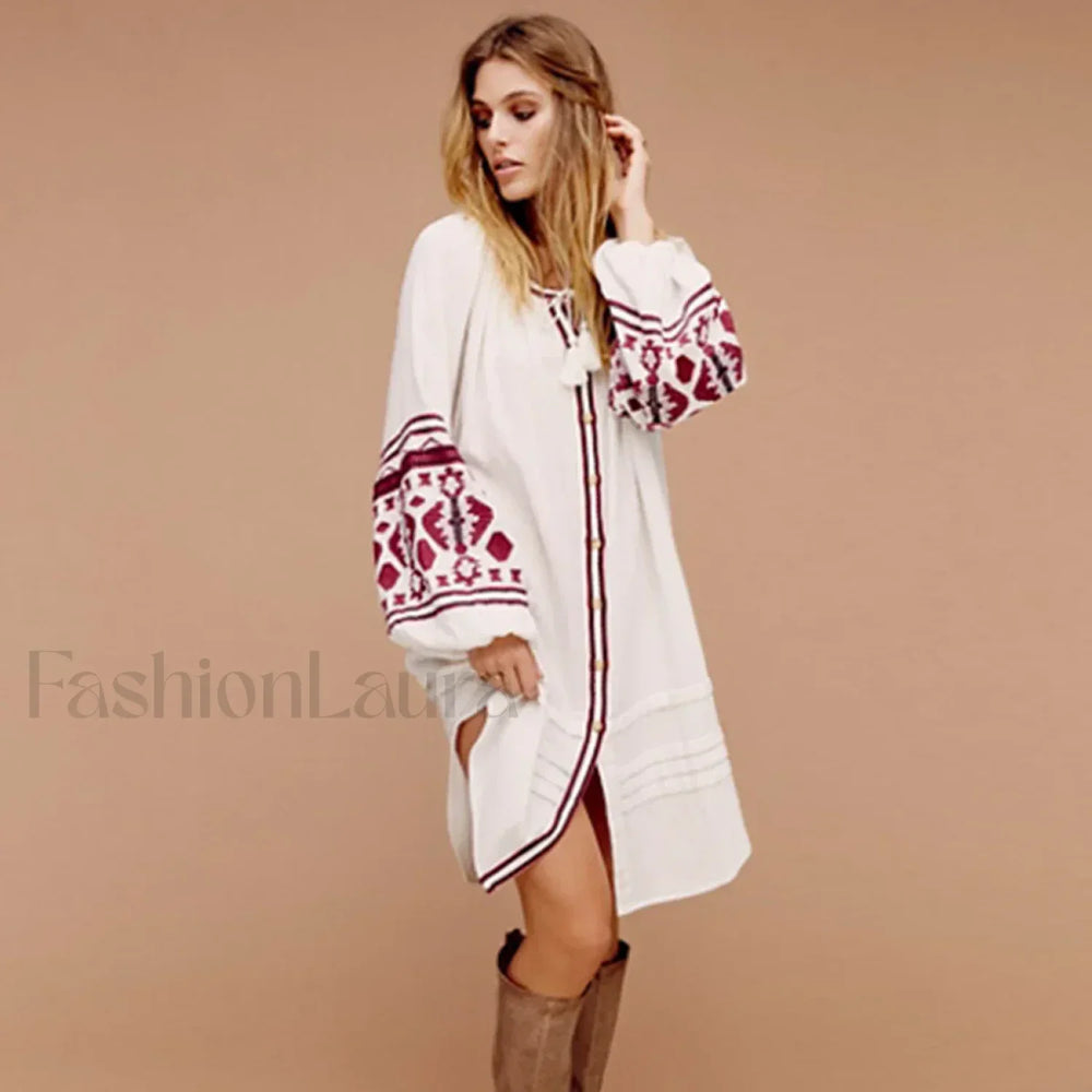 White Puff Sleeve Boho Dress Light Pink / S