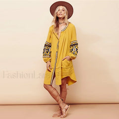 White Puff Sleeve Boho Dress Yellow / S