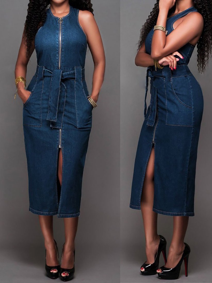 Women Elegant Sleeveless Denim Jean Dress with Zipper Belt