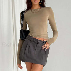 Women Long Sleeve Solid Slim Fit Casual Crop Top Khaki / S