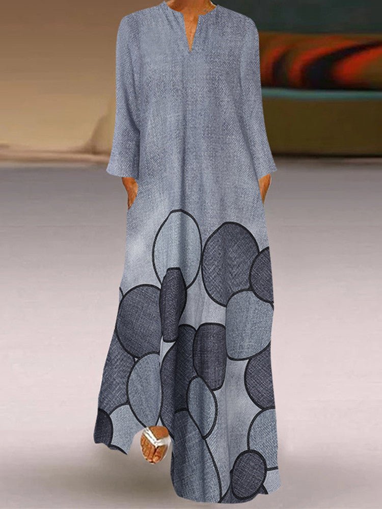 Vintage Print Pocket Long Sleeve Dress Ins Street