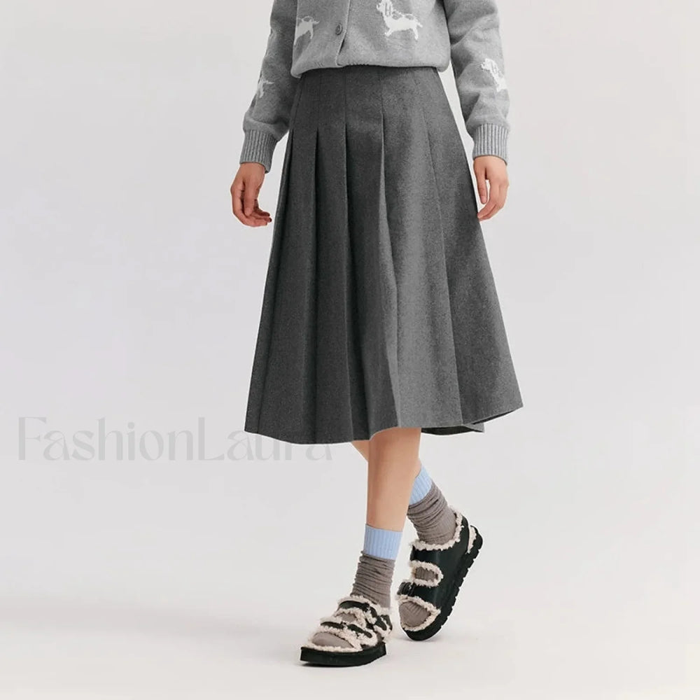 Woolen Pleated A Line Skirt Grey / XS
