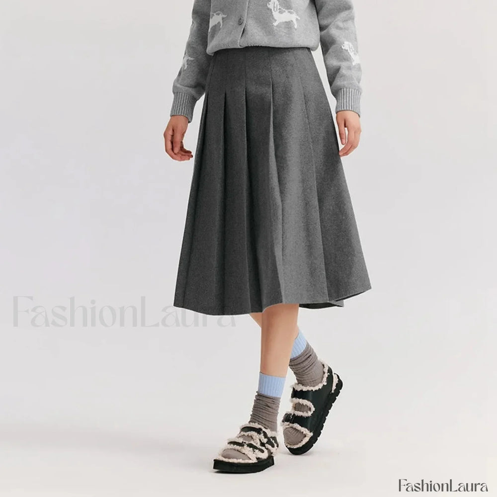 Woolen Pleated A Line Skirt Grey / XS