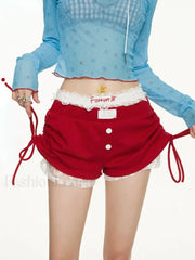 Y2K Embroidery Lace High Waist Drawstring Casual Short Red Short / S