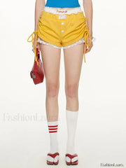 Y2K Embroidery Lace High Waist Drawstring Casual Short Yellow Short / S