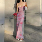 Y2K Floral Print Spaghetti Strap Mesh Bodycon Floral Dress