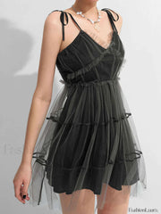 Y2K Gothic Patchwork Mesh Tie Strap Mini Dress Black / S Mini Dresses