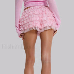 Y2K Kawaii Solid Color Fairy Tiered Ruffled Lace Elastic Low Waist Short