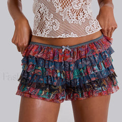 Y2K Kawaii Solid Color Fairy Tiered Ruffled Lace Elastic Low Waist Short navy / S