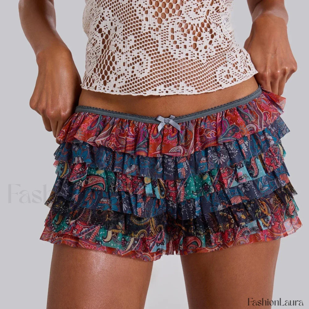 Y2K Kawaii Solid Color Fairy Tiered Ruffled Lace Elastic Low Waist Short navy / S