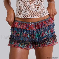 Y2K Kawaii Solid Color Fairy Tiered Ruffled Lace Elastic Low Waist Short navy / S