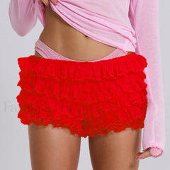 Y2K Kawaii Solid Color Fairy Tiered Ruffled Lace Elastic Low Waist Short red / S