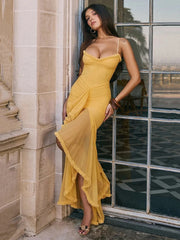 Yellow Ruffled Spaghetti Midi Dress