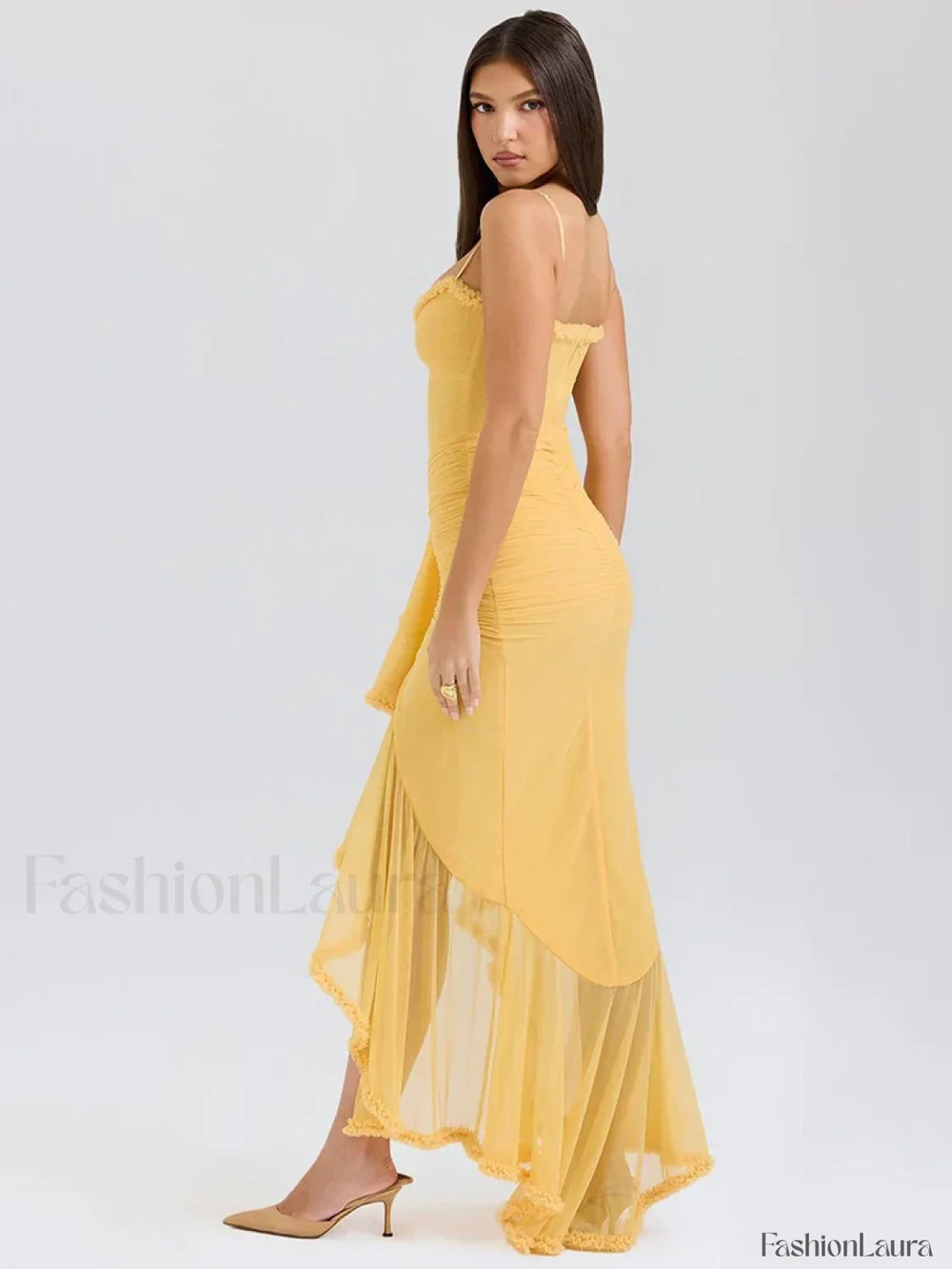 Yellow Ruffled Spaghetti Midi Dress