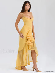 Yellow Ruffled Spaghetti Midi Dress