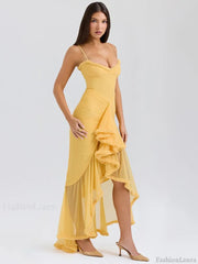 Yellow Ruffled Spaghetti Midi Dress