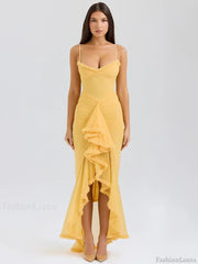Yellow Ruffled Spaghetti Midi Dress Orange / XS