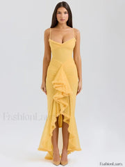 Yellow Ruffled Spaghetti Midi Dress Orange / XS