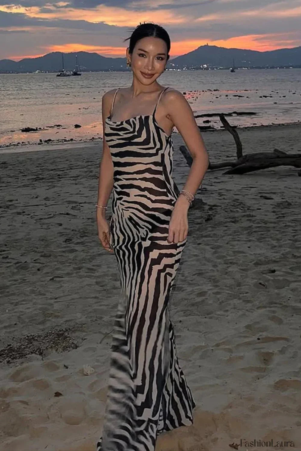 Zebra Print Backless Strappy Slim Floral Dress