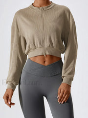 Zip Up Graceful Rib Crop Sweatshirt Khaki / S Sweatshirts