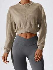 Zip Up Graceful Rib Crop Sweatshirt Khaki / S Sweatshirts