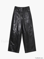 Zippered Faux Leather Trendy Straight Leg Mid waist Pants Pants