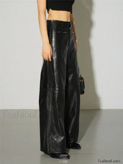 Zippered Faux Leather Trendy Straight Leg Mid waist Pants Pants