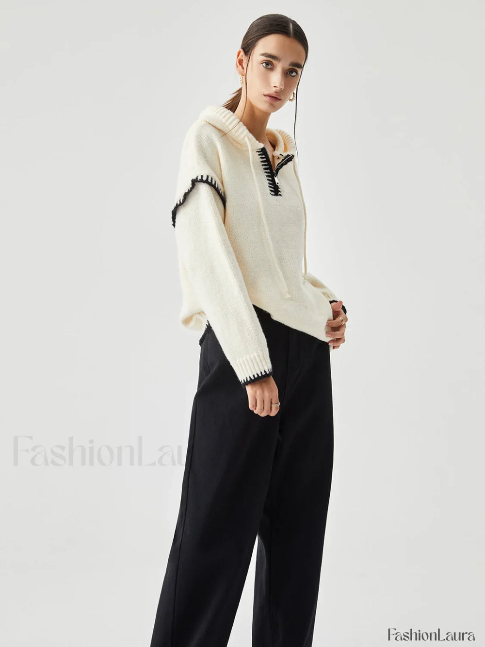 Zippered Hooded Graceful Contrast Trim Sweater Sweaters L