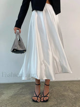 Zippered Satin Graceful A Line Midi Skirt Off White / XS Skirts