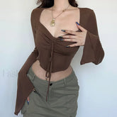 Zoki Y2k Cropped Flare Sleeve Sexy T shirt brown / One Size