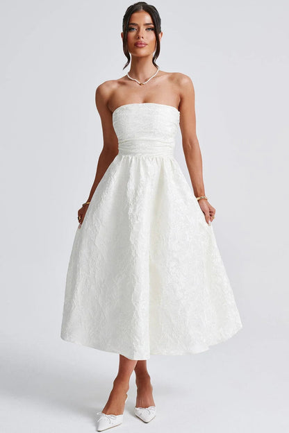 Solid Jacquard Strapless A-Line Party Dress