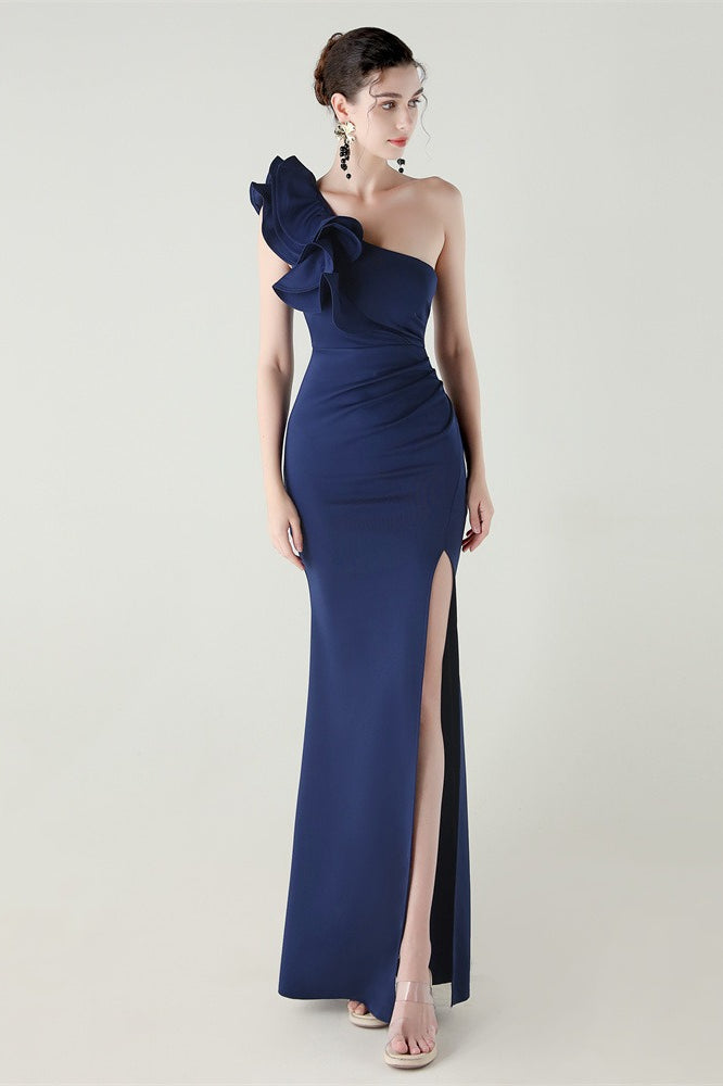 Ruffled Floral One Shoulder Satin Party Dress