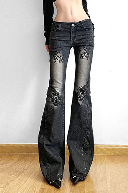 Vintage Plant Print Flared Jeans