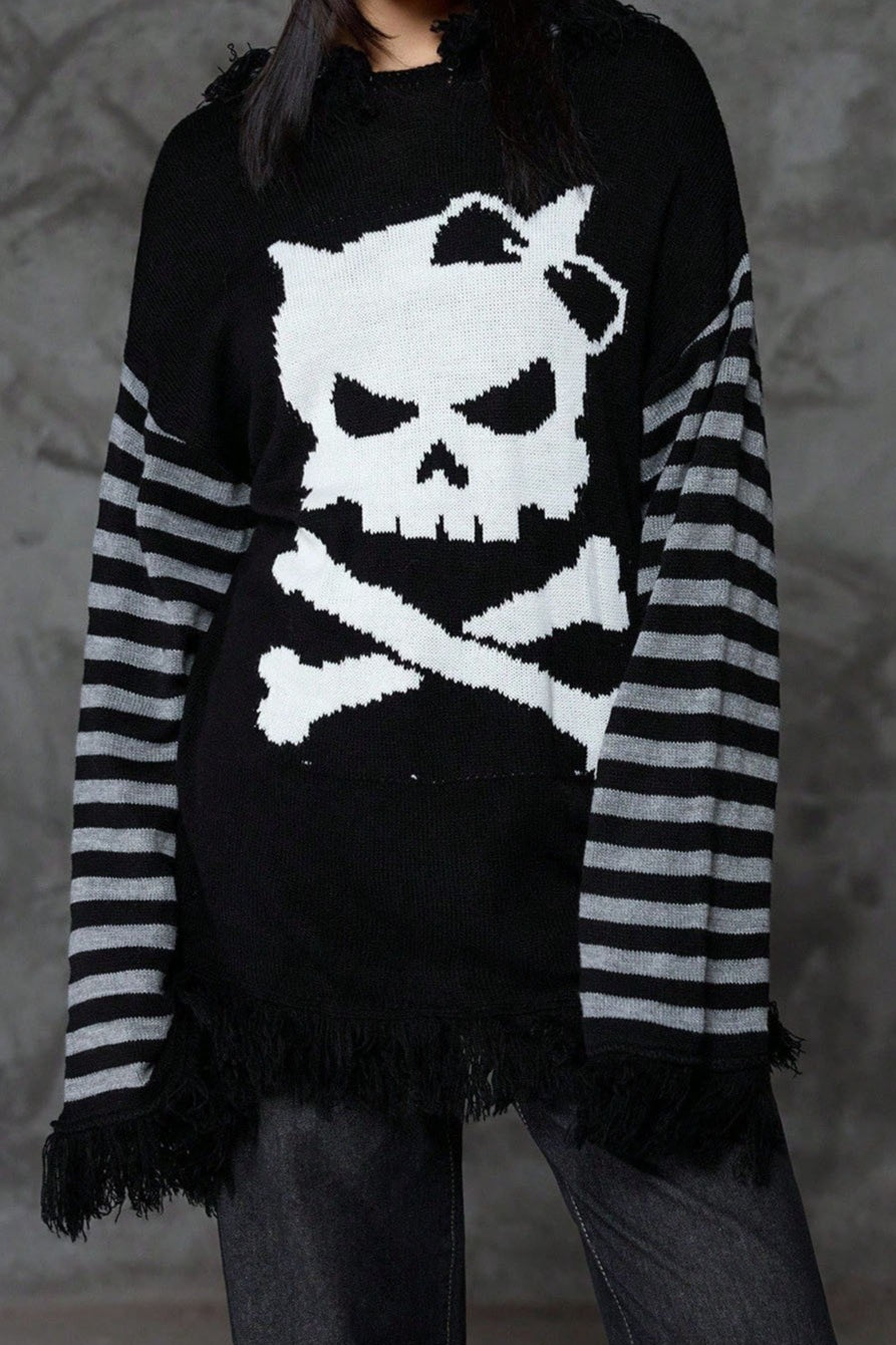 Y2K Skull Striped Knit Hoodie