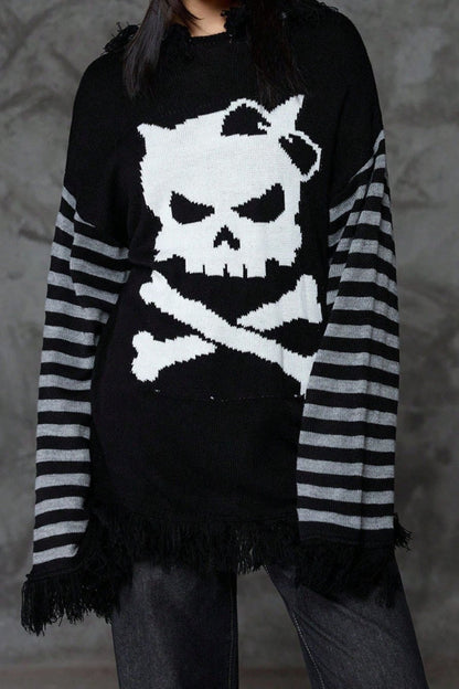 Y2K Skull Striped Knit Hoodie