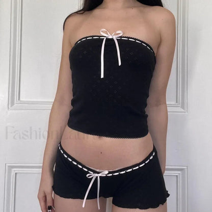 00s Ribbon Lace Trim Strapless Tube Top Shorts Two Piece Set